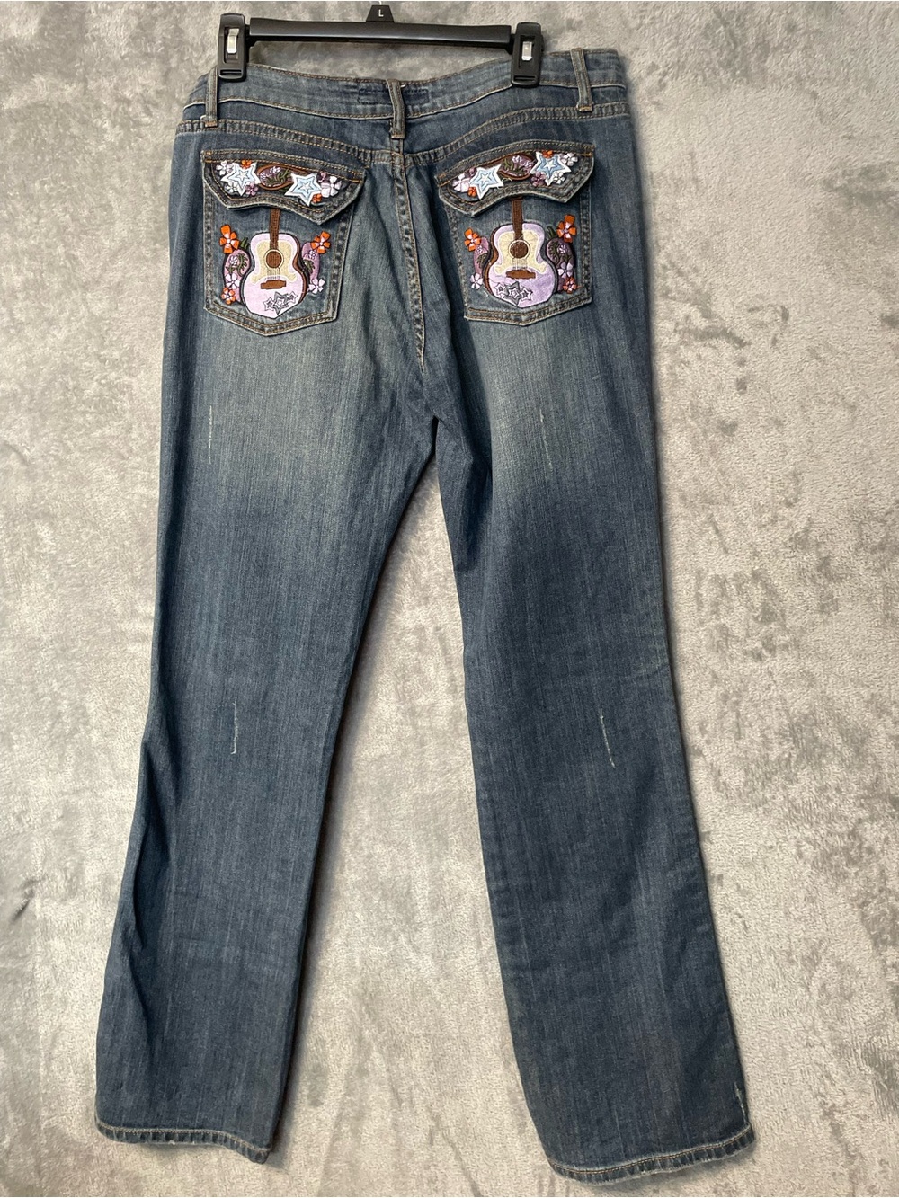 Straight Leg Dark Blue Jeans with Embroidered Guitar Pockets